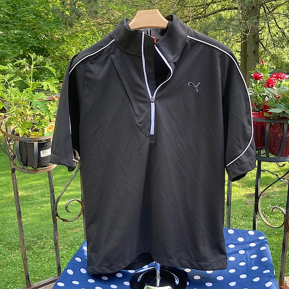 PUMA Golf 1/2 zip Black Shirt white stripe design front pocket Wing Cell sports - Picture 3 of 12